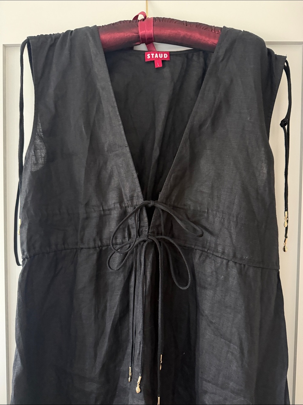STAUD Black Linen Kendra Tie-Front Sleeveless Maxi Dress L NWOT